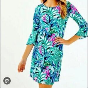 LILLY PULITZER Ophelia Maldives Green Hype It Up Dress Tropical Bell Sleeve XS